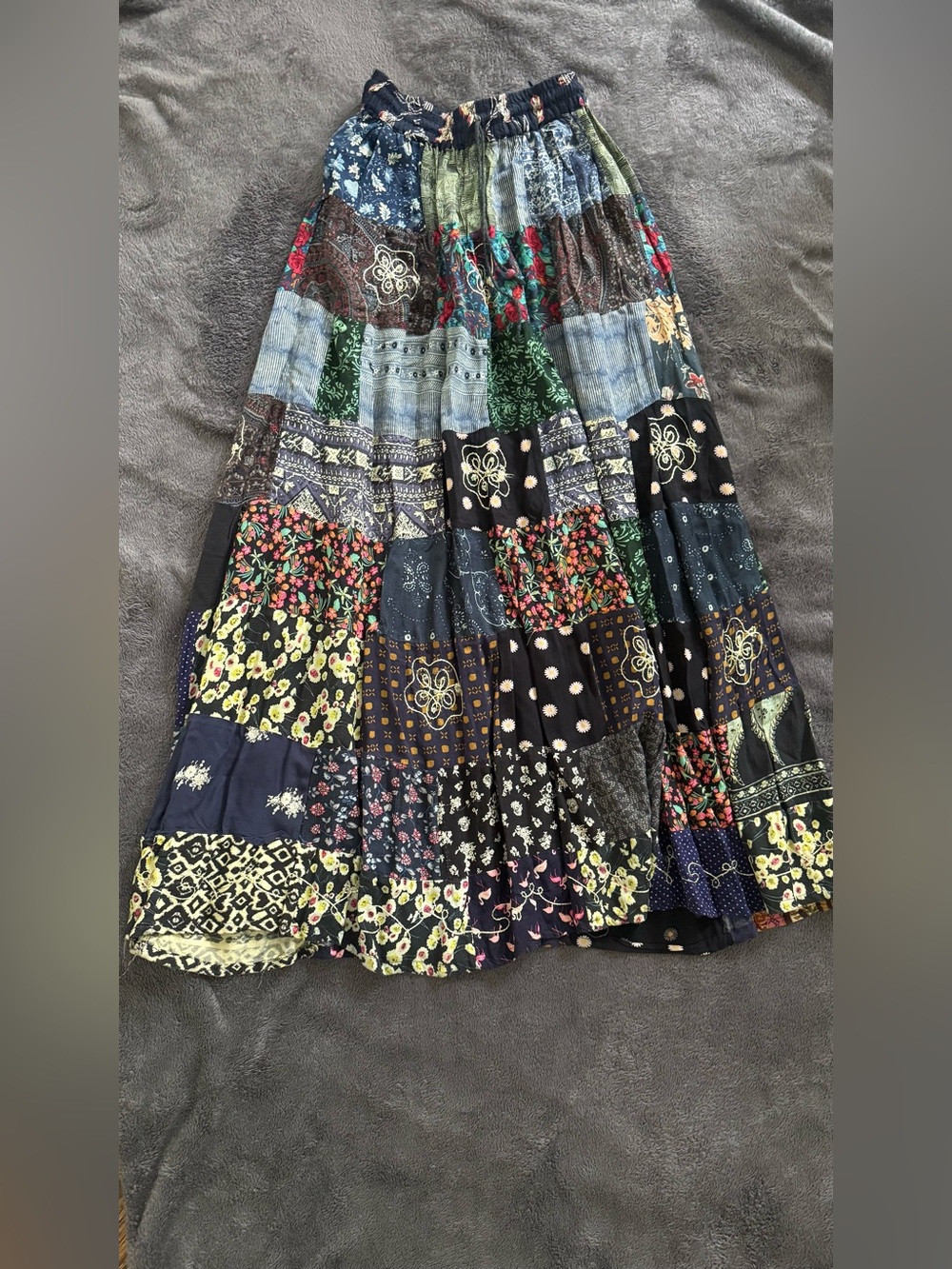 Boho Tiered Patchwork Maxi Skirt in Navy and Multi